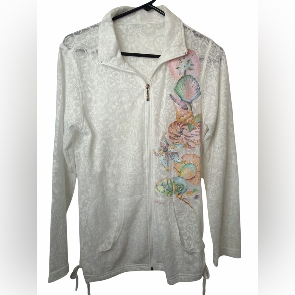 White Floral Applique Cinch Zip Up Top Jacket Sanibel Island